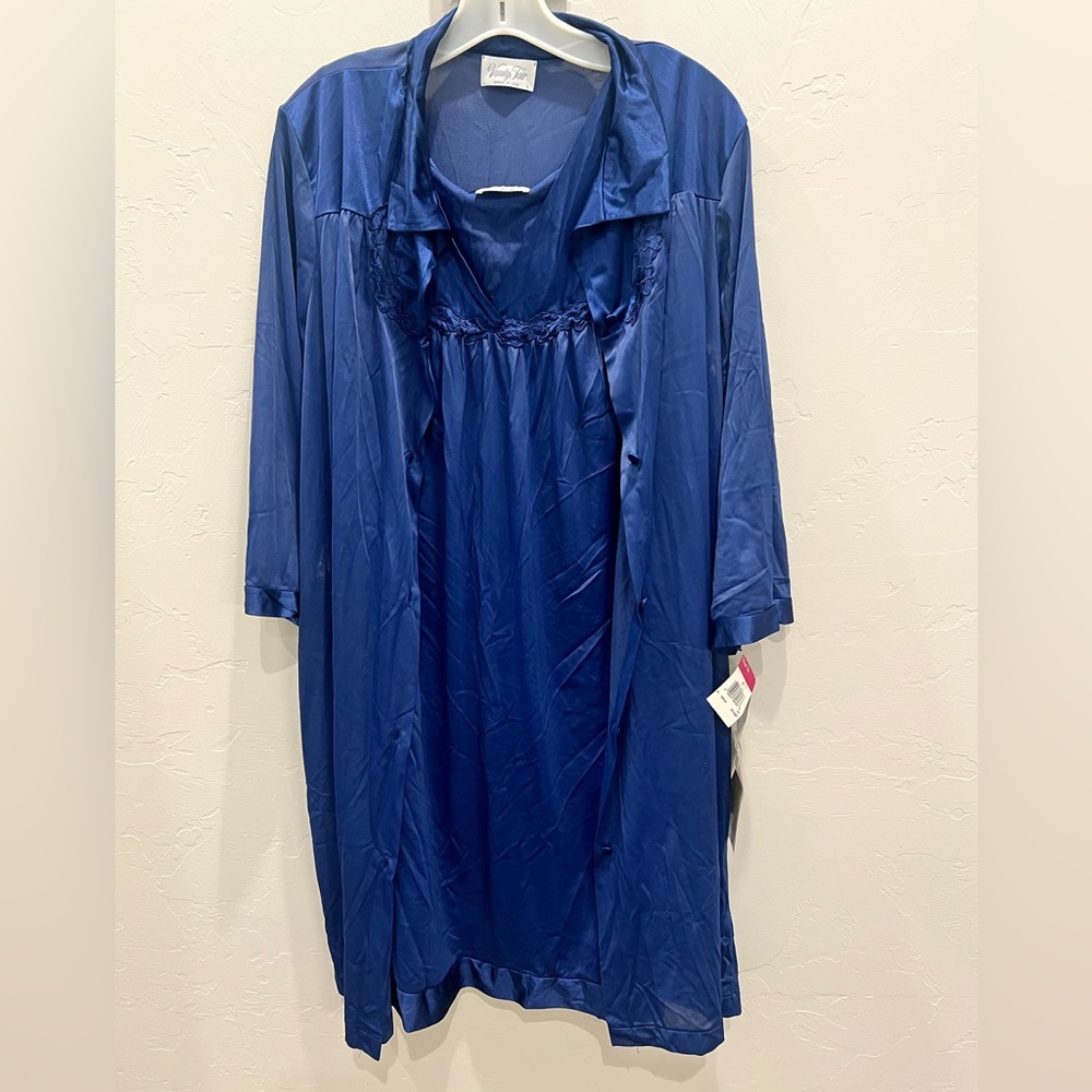 Vintage Navy Vanity Fair Nylon Blue Large Lingerie Robe & Nightgown Set NWT